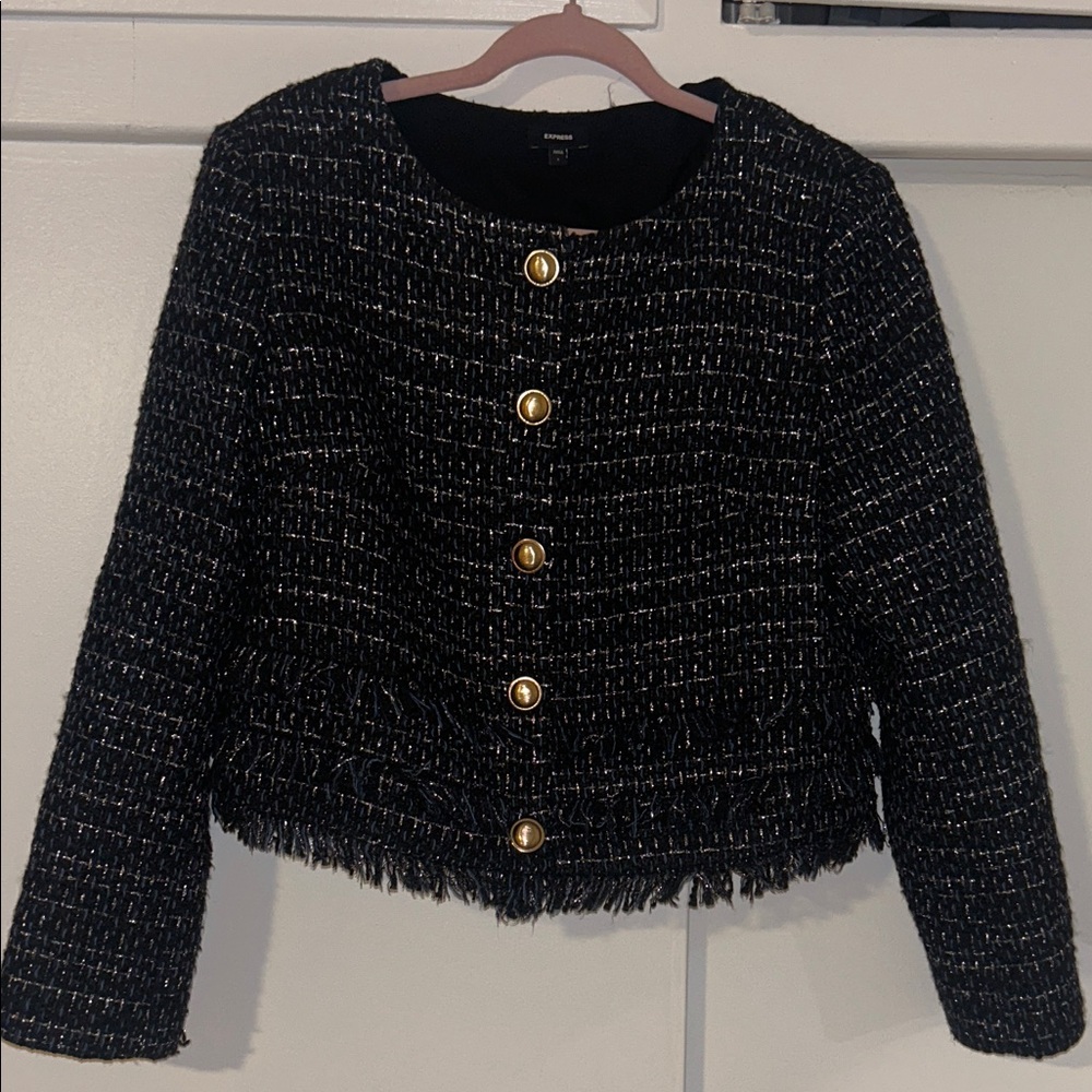 Express Black and Blue Tweed Jacket with Gold Buttons